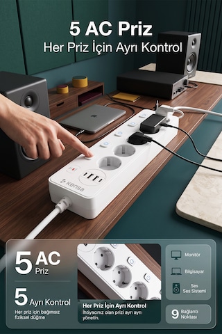 Akım Korumalı Priz 5'li + 2x Usb-a + 2x Usb-c 2 Metre Kablo 2 m
