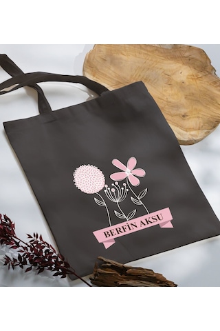 Bk Gift Kişiye Özel İsimli Anneler Günü Tasarımlı Antrasit Kumaş Bez Çanta, Baskılı Omuz Çantası, Alışveriş Çantası, Anneler Günü Hediyesi, Anneye Hediye-4 Sarı
