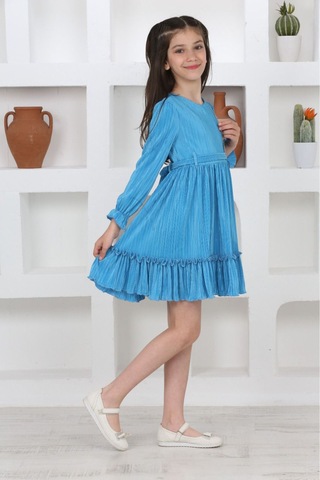 Kız Çocuk Örme Saten Çanta Detaylı Pliseli Astarlı Elbise Açık Mavi