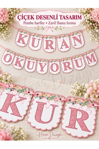 Hiras Dizayn Pembe Kuran Okuyorum İpli Banner Seti 13 Harfli Çiçek Desenli Duvar Süsü Standart