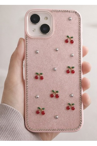 Apple Uyumlu iPhone 13- 14 Kiraz Figürlü Simli İnci Taşlı Lüx Silikon Kılıf Pembe