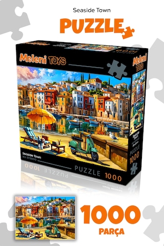 1000 Parça Seaside Town Puzzle - Kasabada Sahil Manzarası Sahil Kasabası Yapboz 68x48 Cm