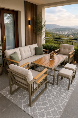 Esinti Balkon Takımı, Cappuccino Bahçe Takımı 5+1 Masa 70x110 3lü Koltuk 70x180 Tekli Koltuk 70x70