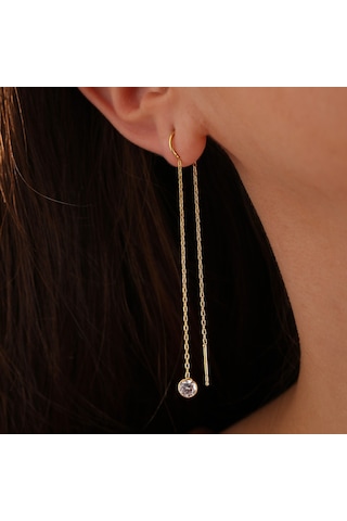 Queen Silver Jewelry 925 Ayar Gümüş Yuvarlak Zirkon Taş Sallantılı Küpe Altın