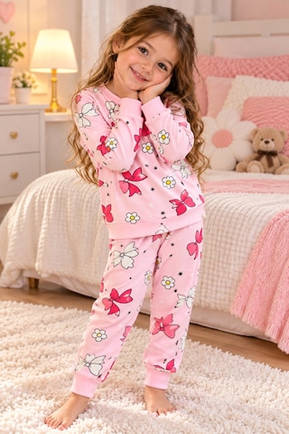 Üç Gül Ticaret Kız Çocuk 3-7 Yaş Fiyonklu Çiçek Desenli Pijama Takımı Pamuklu Şardonlu Pembe