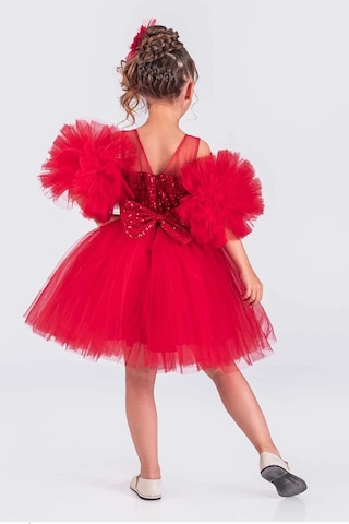 Kız Çocuk Abiye Elbise Ponpon Kol Pul Payetli Tütülü Kırmızı