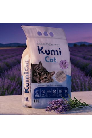 Kumi Cat Eko-premium Rahatlatıcı Etki Lavanta Kokulu Kedi Kumu, Güçlü Topaklanan Bentonit Kedi Kumu 10 L