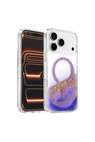 Onegif Apple Apple iPhone Uyumlu 17 Pro/18 Pro Lotus Simli Magsafe Kapak - Mor Düz Renkli