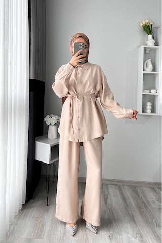 Neşeli Butik Kadın Jakarlı Alt Üst İkili Tesettür Takım Nms053 Bej