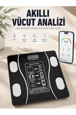 Akıllı Vücut Analiz Baskülü Bluetooth Bağlantılı 4 Sensörlü Lcd Ekranlı Dijital Tartı Çok Renkli