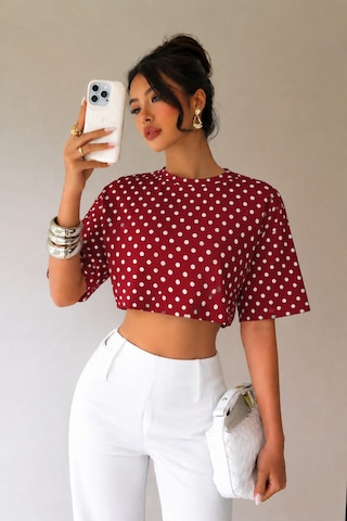 Wild Flower Kadın Puantiye Desenli Crop Tişört Basic Oversize Yazlık Bluz Bordo