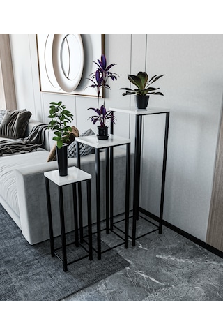 Dekoratif Saksılık 3'lü Takım - Metal Ayaklı Saksı Standı Yan Sehpa Beyaz