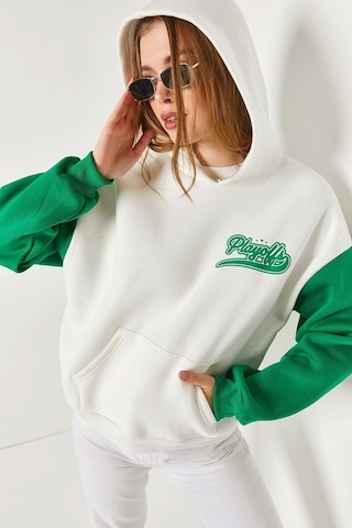 Armonika Kadın Yeşil Önü Ve Arkası Yazılı Şardonlu İki Renk Kapüşunlu Sweatshirt Arm-22y024077
