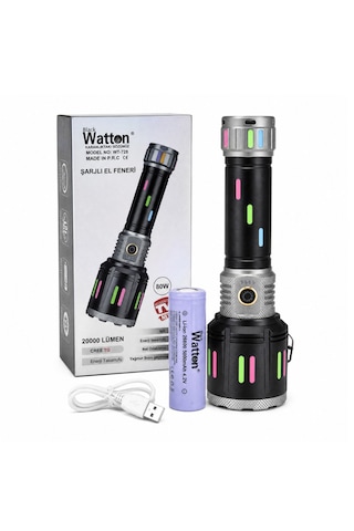 Watton Wt-728 80w Işık Gücü 20.000 Lümen Şarjlı Göstergeli El Feneri