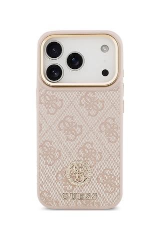 Apple Uyumlu iPhone 17 Pro Kılıf Guess Lisanslı M-safeli Gold Metal Kamera Çerçeveli Taşlı 4g Logolu Pembe Pembe