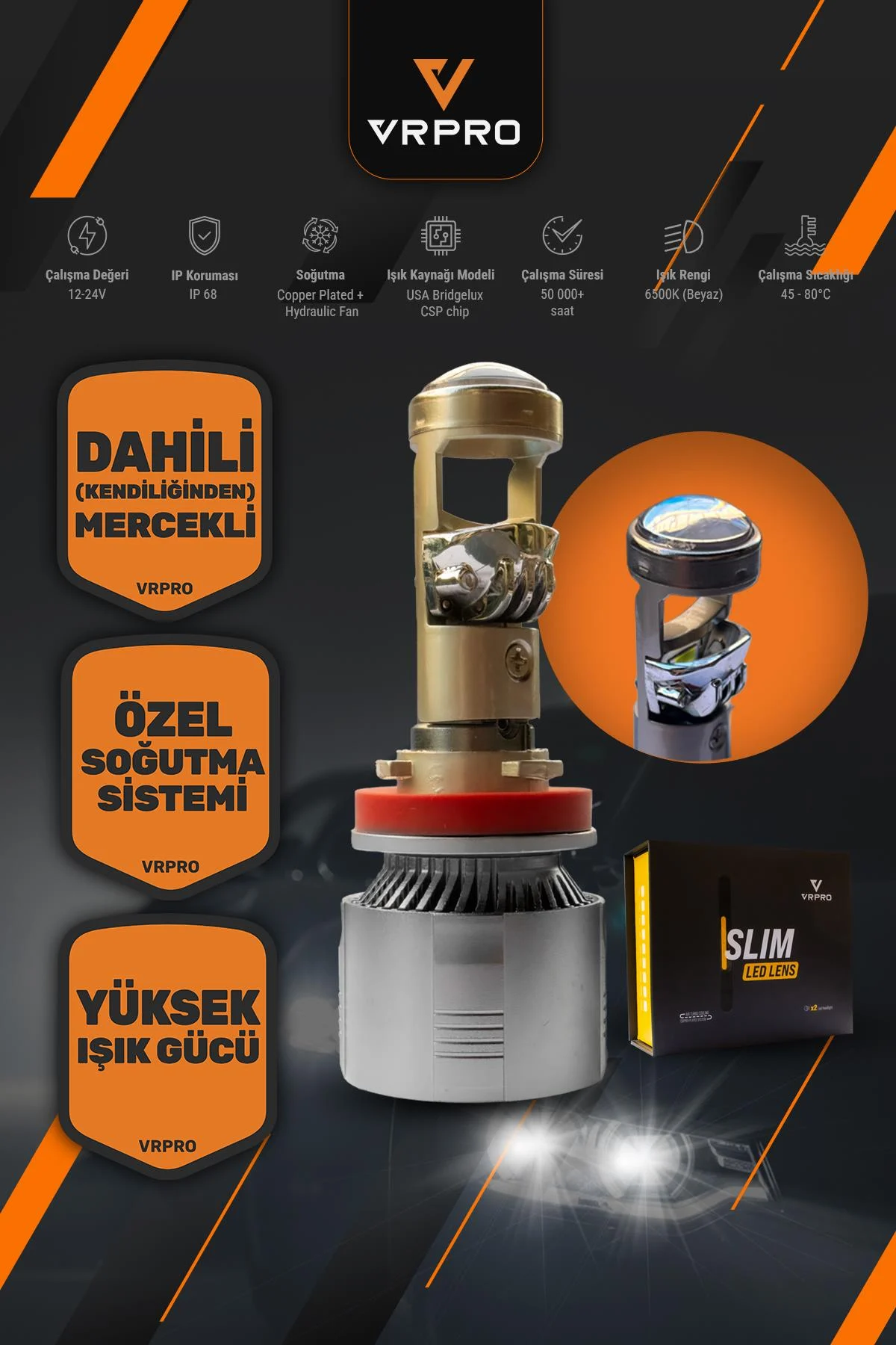 Vrpro H4 Slim Mercekli Led Far Ampulü 40w 16000 Lümen 6500k Beyaz Işık 1set
