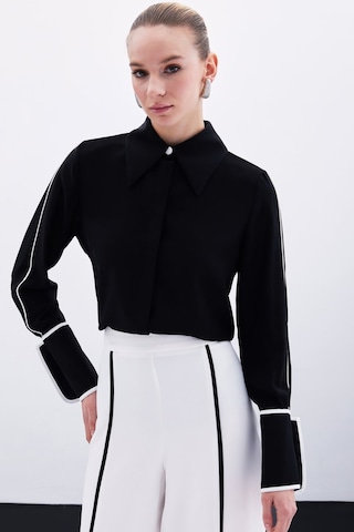 Sateen Klasik Manşetli Kontrast Gömlek - Siyah-135921 Siyah