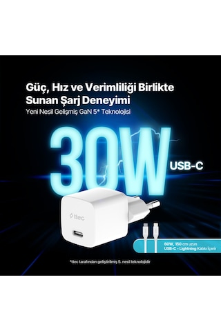 Ttec 2SCG30LB Smartcharger Gan 30W PD Seyahat Hızlı Şarj Aleti + USB-C - Lightning 150 CM Kablo