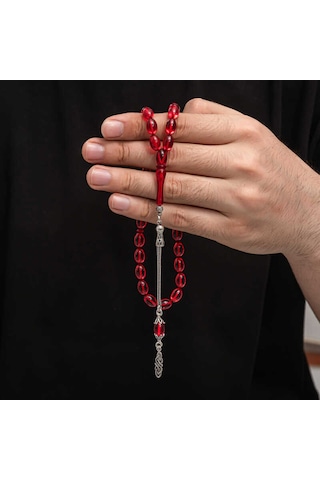 Gümüş Püskül Sıkma Kehribar Tesbih Kırmızı 14508412