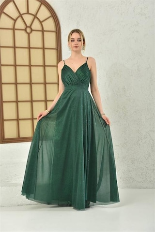 Neşeli Butik Kadın Zümrüt Yeşil Simli Kumaş Askılı Uzun Abiye Nbs9276 Zümrüt Yeşili