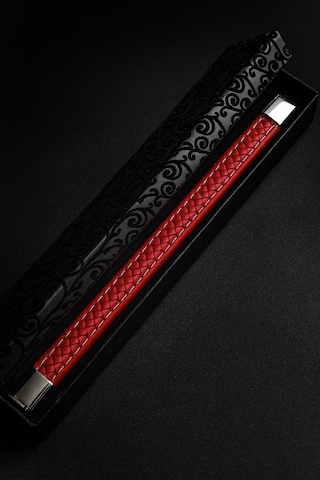 Paslanmaz Çelik Manyetik Klipsli Kırmızı Örgülü Deri Erkek Bileklik Gümüş - Kırmızı