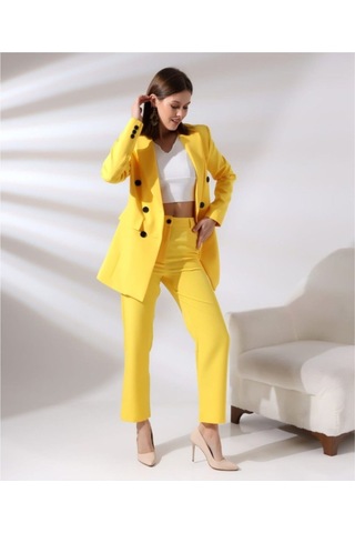 Kadın Kruvaze Blazer Ceket Pamuklu Atlak Kumaş Pantolon Takım Elbise Sarı Sarı