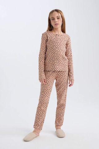 DeFacto Kız Çocuk Pijama Takımı Fitilli Kaşkorse Desenli Bisiklet Yaka Uzun Kollu Üst Uzun Alt D7748A824WNBG389 Bej