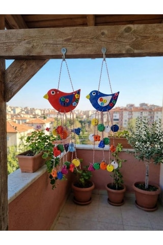 El Yapımı Taş Tozu Renkli Kuş Figürlü Dekoratif Duvar Süsü - Balkon Bahçe Ve Ev Aksesuarı Askılı Süs 11x24
