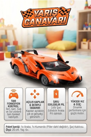 Lamborgini Uzaktan Kumandalı Açılır Kapılı 1:24 Ölçekli 4 Fonksiyonlu Işıklı Oyuncak Yarış Arabası Çok Renkli