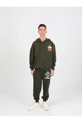 Erkek Çocuk 2 İplik Yazı Detaylı Kapüşonlu Sweatshirt-15232 Haki