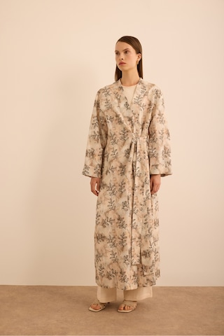 Aker Yaprak Desenli Keten Yandan Bağlamalı Kimono Ekru Ekru
