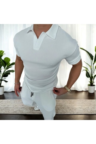 Beyaz, Oversize/geniş Kesim, Dokulu Kırışmaz, Ottoman Polo Yaka T-shirt Ve Eşofman Takım Beyaz