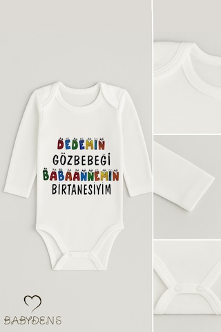 Babyden's Dedemin Gözbebeği Babaannemin Birtanesi Yazılı Uzun Kollu Bebek Zıbın Body %100 Pamuk Beyaz