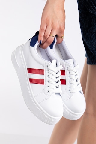 Erceka Kadın Spor Ayakkabı Sneaker Günlük Kullanıma Uygun Beyaz-siyah-kırmızı,mavi Bağcıklı Beyazkırmızımavi