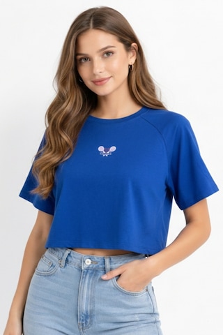 Soft&Basic Kadın Nakışlı Regular %100 Organik Pamuk Yuvarlak Yaka Kısa Crop T-shirt Mavi