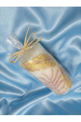 Tüy Kabartmalı Silindir Mum 14cm Altın - Beyaz