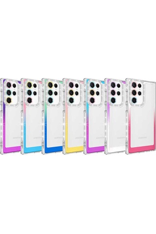 Galaxy S22 Ultra Uyumlu Simli Ve Renk Geçiş Tasarımlı Lens Korumalı Btz Park Kapak-pembe-sa
