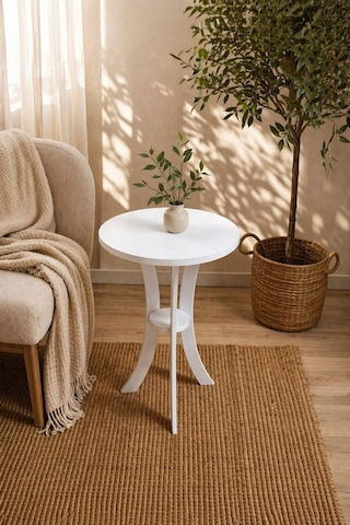 Fiskos Beyaz Yan Sehpa 50 Cm Çap - 60 Cm Yükseklik Modern Zigon Yan Sehpa Beyaz