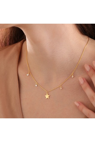 Queen Silver Jewelry 925 Ayar Gümüş Yıldız Objeli Sirkon Taş Sallantılı Kolye Altın