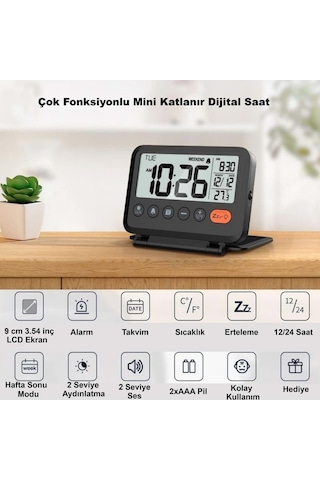 Plentiful Led Katlanır Dijital Saat Pilli Masa & Seyahat Tipi Alarm Takvim Isı Ölçer 10x8cm siyah