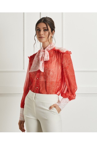 Fular Yaka Detaylı Transparan Desenli Gömlek Feminen Ve Şık Tasarım Koral