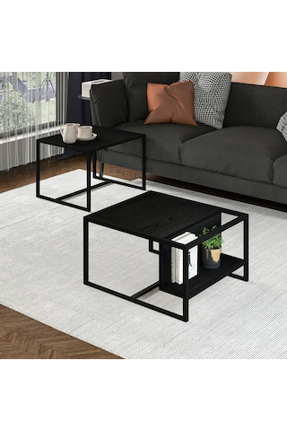 Batı 2 Li Modern Orta Sehpa Takımı Metal Ayaklı, Alt Raflı Siyah