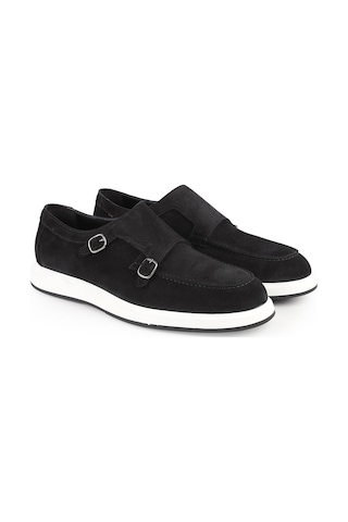 Lbr H1010 Hakiki Deri Monkstrap Loafer Erkek Süet Üst, Ortopedik Hafif Eva Taban, Casual Günlük Siyah
