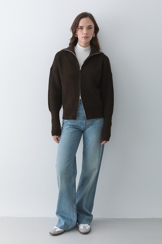 Kahverengi Çift Fermuarlı Hırka - 251080 Koyu Bej