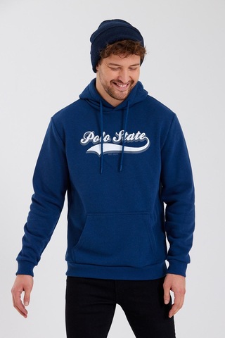 Erkek 3 İplik Pamuklu İçi Polarlı Baskılı Regular Fit Kapüşonlu Kanguru Cepli İndigo Sweatshirt Indigo
