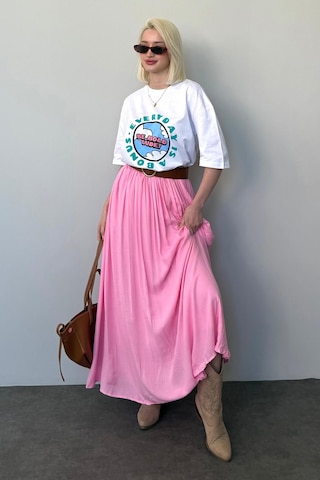 Madmext Pembe Vual Kumaş Basic Kadın Uzun Boy Kadın Etek Mg2366 Pembe