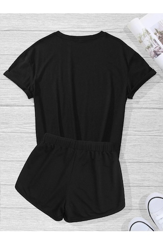 Los Angeles T-shirt Şort - Siyah 2'li Kombin Şort Tişört Takım Baskılı Oversize Bisiklet Yaka Siyah