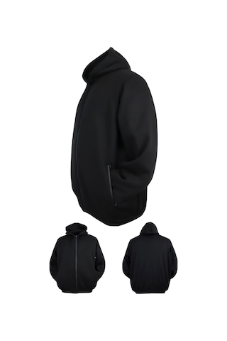 Erkek Büyük Beden 105 - 185 Kilo Arası İçin Uygun Kapüşonlu 3 İplik Şardonlu Kışlık Kalın Sweat Mont Siyah