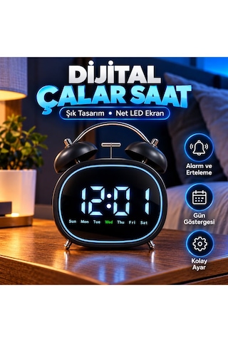 Led Ekranlı Dijital Çalar Saat Alarm Erteleme Gün Göstergeli Şık Tasarım 14x12 Cm Dijital Metal Çalar Saat Pil Siyah