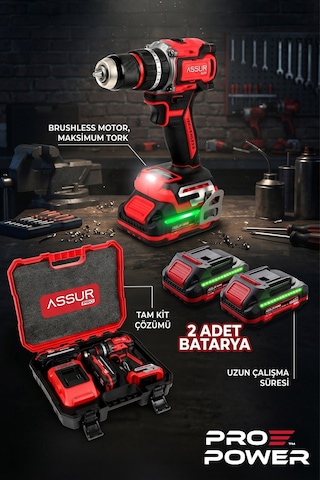 Assur 3095 21V Pro Seri Kömürsüz Çift Akülü Şarjlı Darbeli Matkap